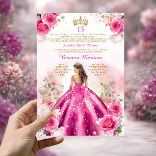 Spanish Fuchsia Pink Princess 15 Años Birthday Invitation