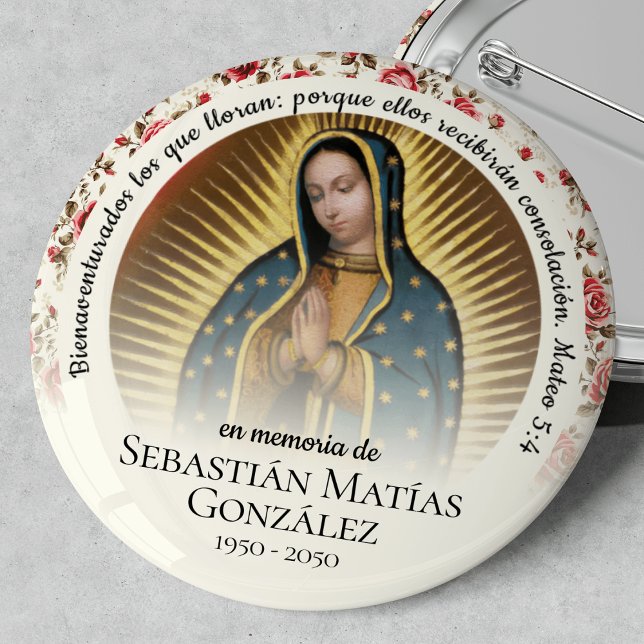 Spanish Funeral Virgen de Guadalupe  6 Cm Round Badge (Virgen de Guadalupe, Our Lady of Guadalupe, funeral keepsake, funeral badge, In Loving Memory)