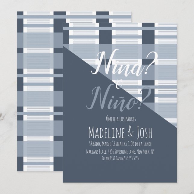 Spanish Gender Reveal Boy or Girl Plaid Blue Invitation (Front/Back)