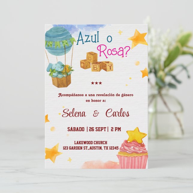 Spanish Gender Reveal Invitation Boho Azul o Rosa  (Standing Front)