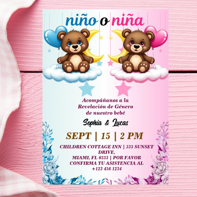spanish gender reveal Nino o Nina Bear Invitation (Creator Uploaded)