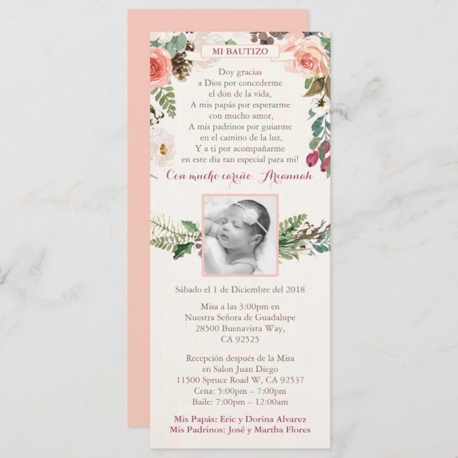 Spanish Girl Baptism Bautizo invites for Winter (Front/Back)