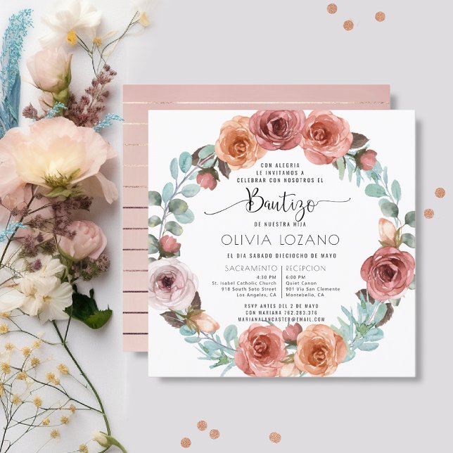Spanish Girl Baptism Rose Gold Floral Wreath Invitation (Creator Uploaded)