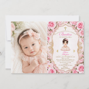 Spanish Girl Dress Fiesta Pink Bautizo Photo Invitation