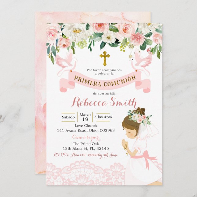 Spanish Girl Pink and Gold Primera Comunion Invitation (Front/Back)