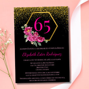 Spanish Glamourous Black Pink 65th Birthday Invitation