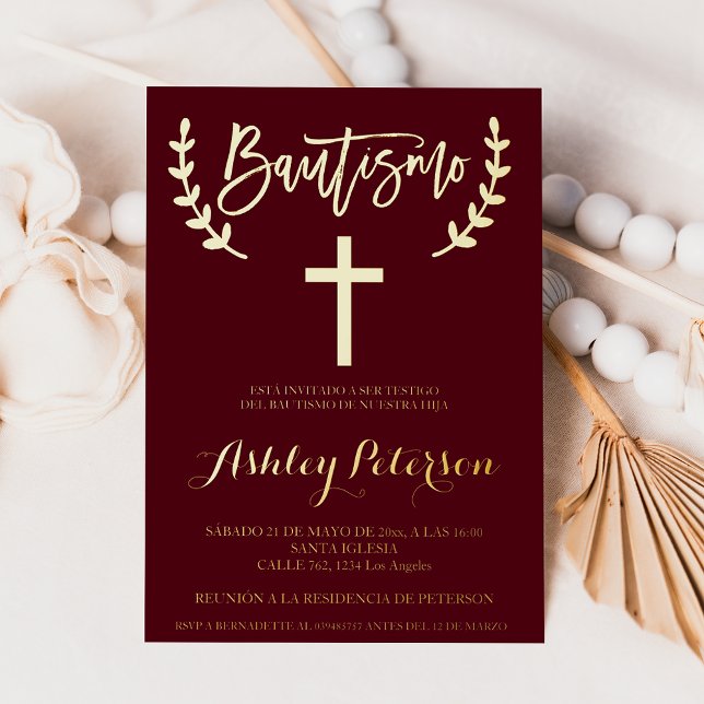 Spanish Gold burgundy red elegant script baptism (Spanish Gold burgundy red elegant script baptism Invitation)