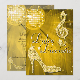 Spanish Gold Disco Ball & Sparkle Heels Sweet 16 Invitation