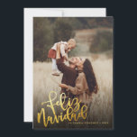 Spanish Gold Foil Script Feliz Navidad 2 Photo Holiday Card<br><div class="desc">Cree su propia tarjeta de felicitación con 2 fotos. Esta tarjeta de Navidad incluye el texto «Feliz Navidad» en una elegante tipografía dorada sobre un degradado de negro a transparente. Personaliza este diseño de 2 fotos (una en el anverso y otra en el reverso) con las fotos de tu familia...</div>