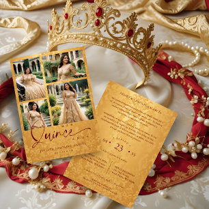 Spanish Golden & Dark Red Trendy XVs Collage 4 Invitation