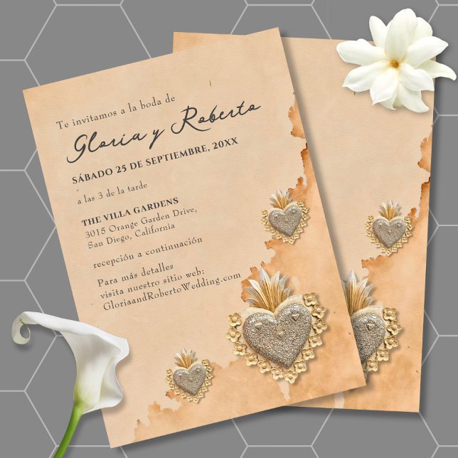 Spanish, Golden Milagros Heart Mexican Wedding Invitation (Creator Uploaded)