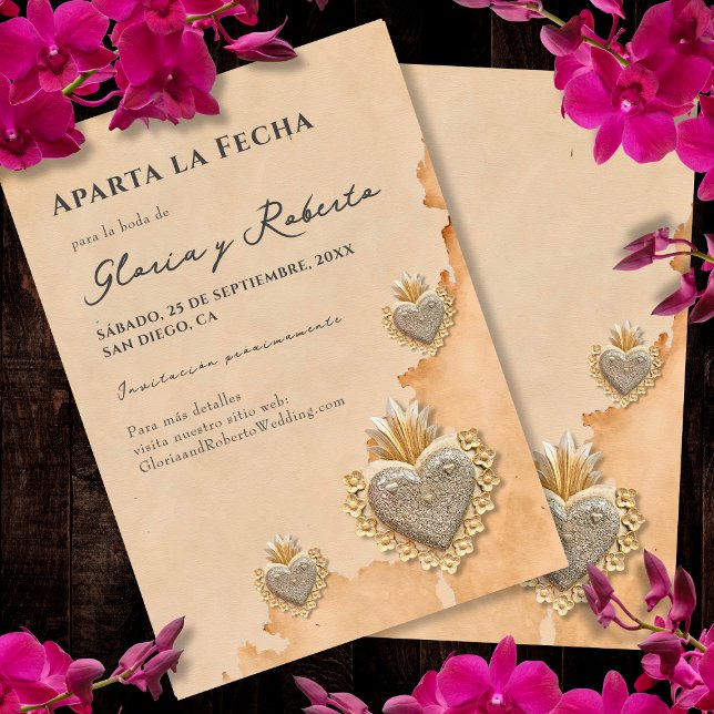 Spanish Golden Silver Milagros Heart Save the Date Invitation (Creator Uploaded)