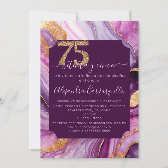 Spanish Gorgeous Pink Agate 75th Birthday Party Invitation (Front)
