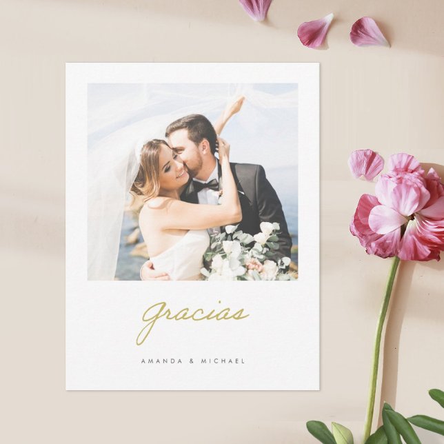 Spanish Gracias Elegant Gold Modern Photo Wedding Thank You Card (Creator Uploaded)
