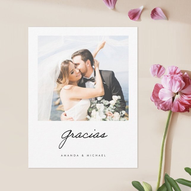 Spanish Gracias Elegant Modern Photo Wedding Thank You Card (Creator Uploaded)