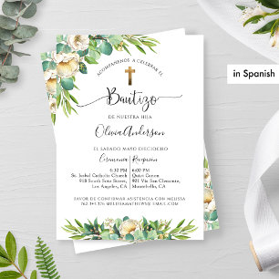 Spanish, Greenery and White Yellow Floral Baptism Invitation