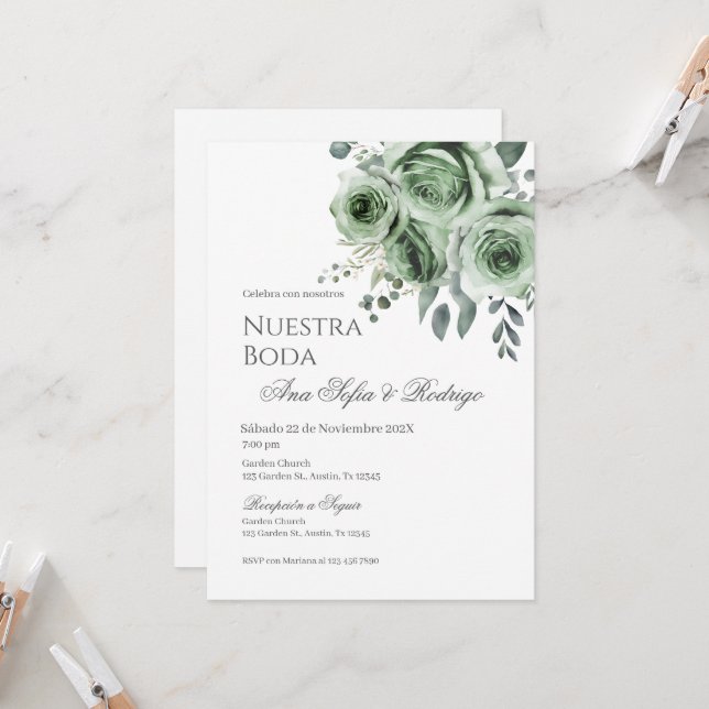 Spanish Greenery Floral Wedding Invitation (Front/Back In Situ)