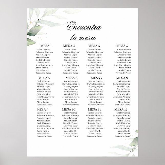 Spanish greenery wedding seating chart (Front)