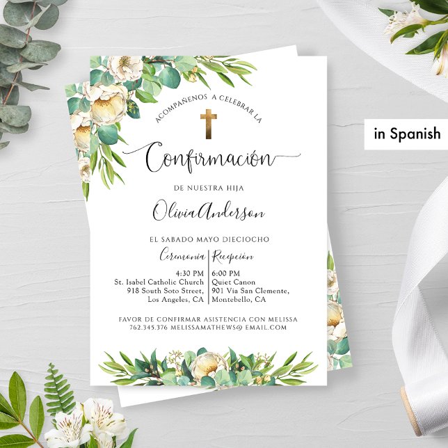 Spanish, Greenery White Yellow Floral Confirmation Invitation (Creator Uploaded)