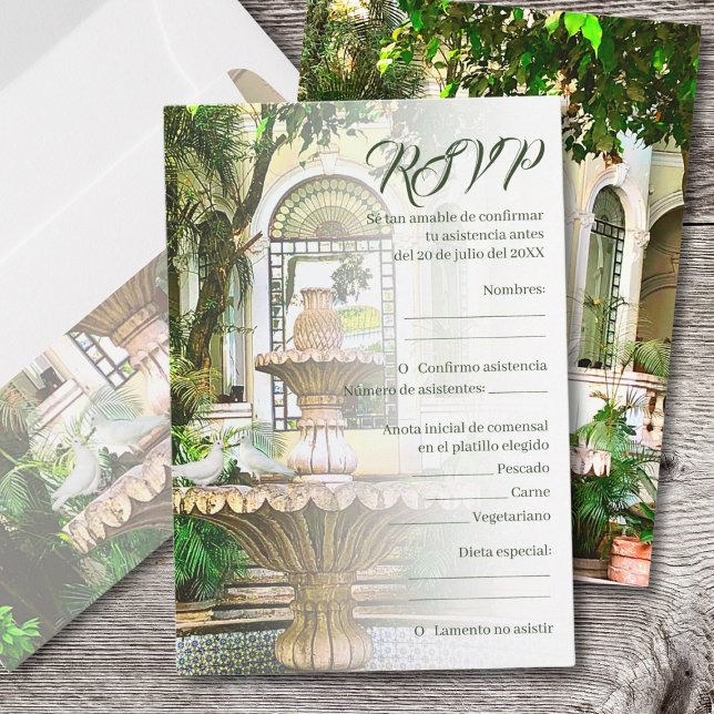 Spanish, Hacienda and White Doves Mexican Wedding RSVP Card (Creator Uploaded)