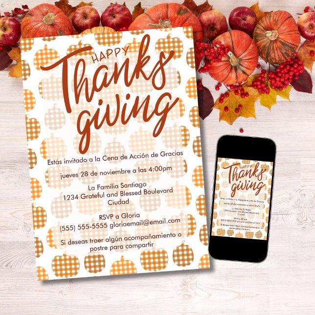 Spanish Happy Thanksgiving Chequered Pumpkins  Invitation (Creator Uploaded)