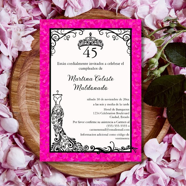 Spanish Hot Pink Black Chic 45th Birthday Party Invitation (Creator Uploaded)