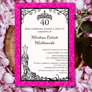 Spanish Hot Pink Black Elegant 40th Birthday Party Invitation