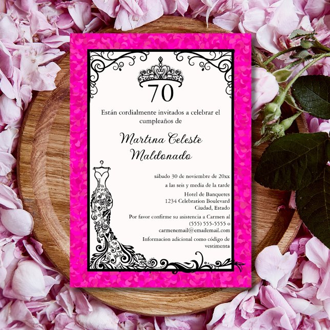 Spanish Hot Pink Black Elegant 70th Birthday Party Invitation (Creator Uploaded)
