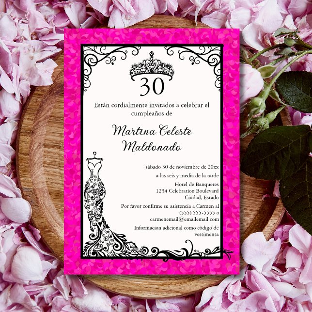 Spanish Hot Pink Black Fancy 30th Birthday Party Invitation (Creator Uploaded)