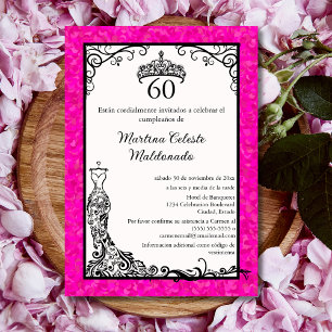 Spanish Hot Pink Black Trendy 60th Birthday Party Invitation