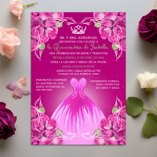 SPANISH HOT PINK ROSES QUINCEAÑERA | INVITATION