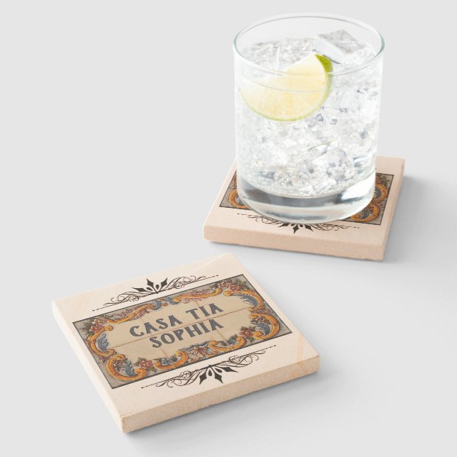 Spanish House Sign (text customisable) Stone Coaster (Side)