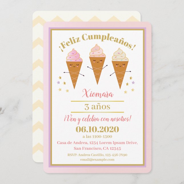 Spanish Ice Cream Cone Pink and Gold Birthday Invitation (Front/Back)