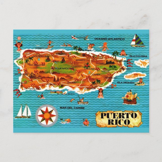 Spanish Illustrated Puerto Rico Map Postcard (Front)
