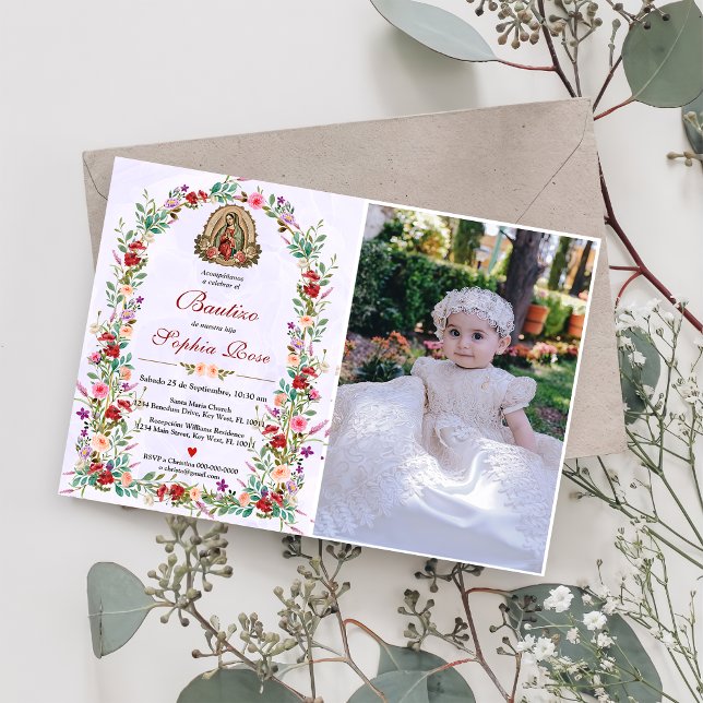 Spanish Invitacion De Bautizo Floral Baptism Photo Invitation (Creator Uploaded)
