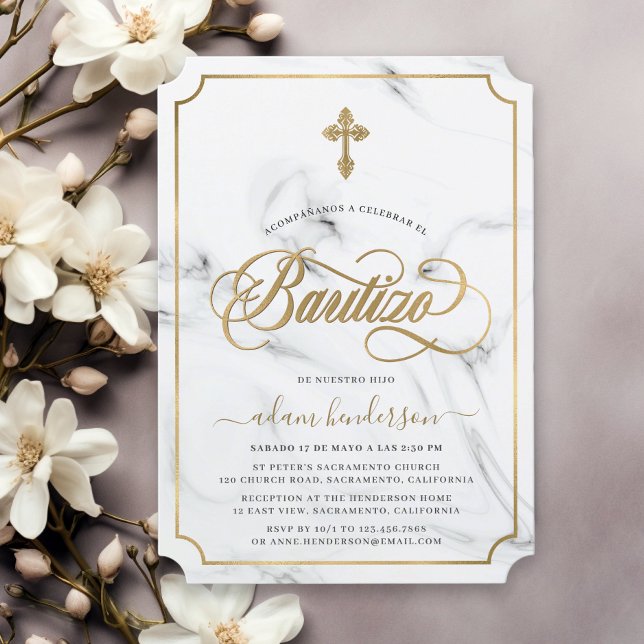 Spanish Invitacion De Bautizo Marble Gold Invitation (Creator Uploaded)