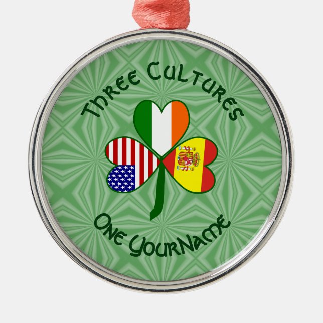 Spanish Irish American Flag Shamrock Personalize  Metal Tree Decoration (Front)