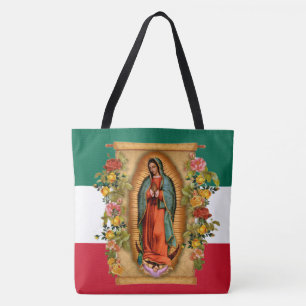 Spanish Lady of Guadalupe Mexican Flag Religious T Tote Bag