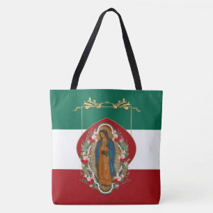 Spanish Lady of Guadalupe Mexican Flag Religious Tote Bag