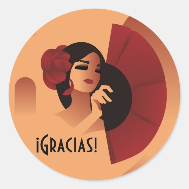 Spanish Lady  with fan and red rose in hair Classic Round Sticker (Front)
