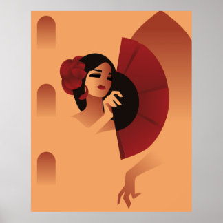 Spanish Lady  with fan and red rose in hair Poster