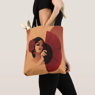 Spanish Lady with fan and red rose in hair Tote Bag
