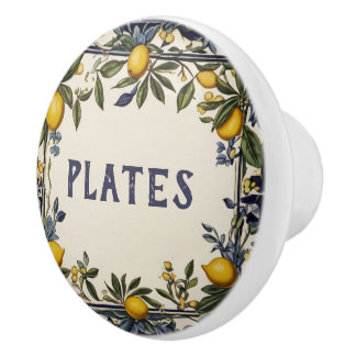 Spanish Lemon Custom Kitchen Cupboard Drawer Label Ceramic Knob