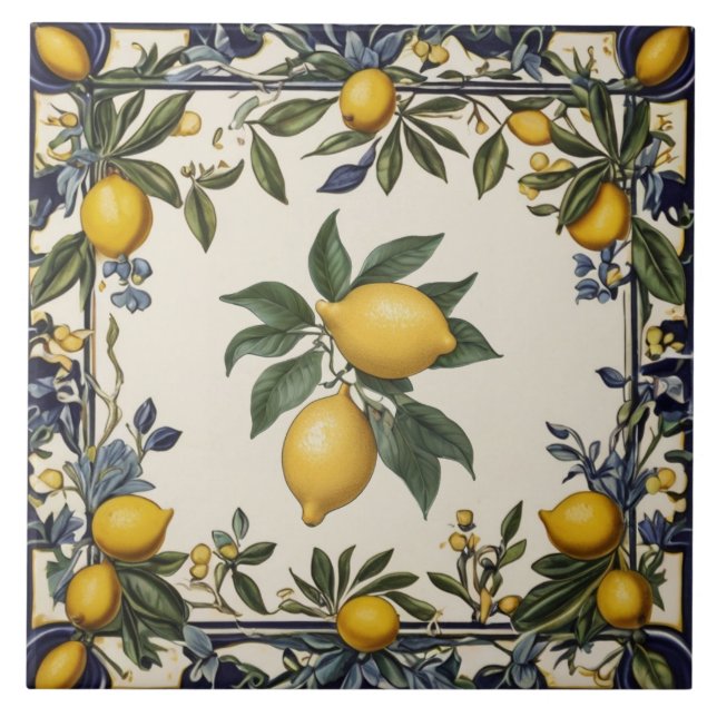 Spanish Lemon Yellow Lemons Vintage Blue & White Tile (Front)