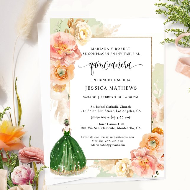 Spanish, Light Green Elegant Floral Quinceañera Invitation (Creator Uploaded)