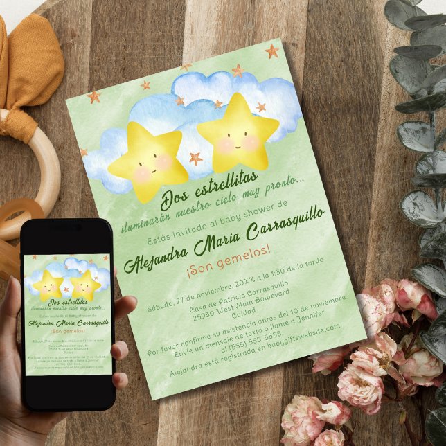 Spanish Little Stars Green Twins Baby Shower Invitation (Creator Uploaded)