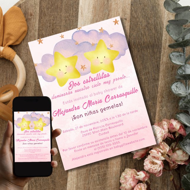 Spanish Little Stars Pink Twin Girls Baby Shower Invitation (Creator Uploaded)