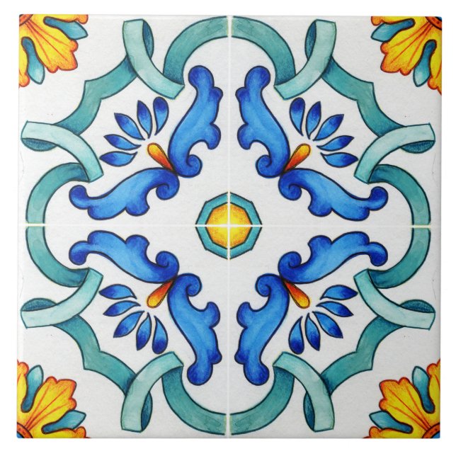 Spanish Majolica Blue Floral Mosaic Tile (Front)