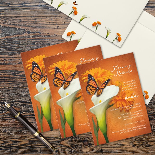 Spanish, Marigolds & Butterfly Mexican Wedding  Invitation (Creator Uploaded)