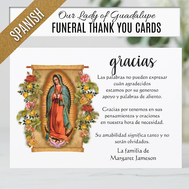 Spanish Mary Guadalupe Thank You Condolence (Funeral Thank You cards with  Spanish Catholic image of Our Lady of Guadalupe with roses)